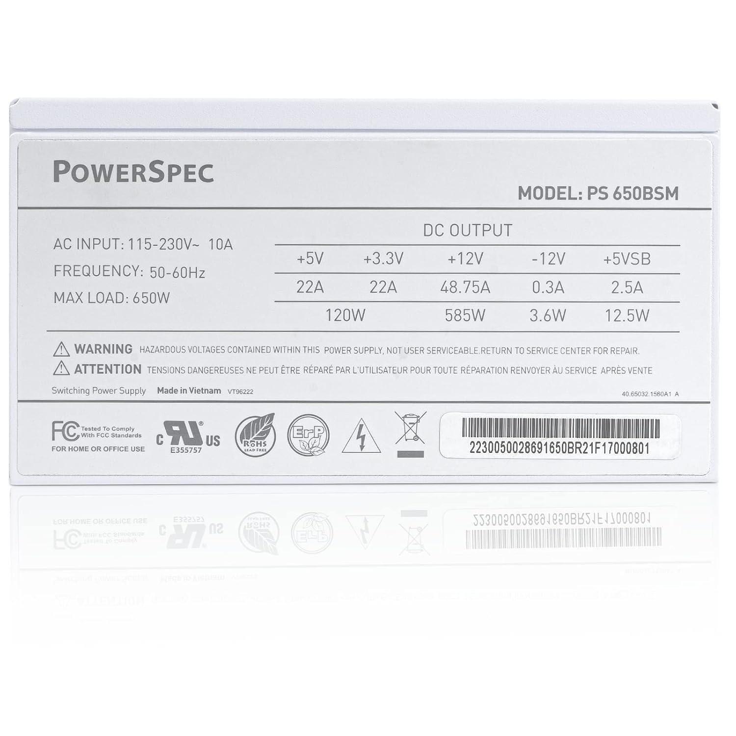 PowerSpec 650W Power Supply Semi Modular 80 Plus Bronze Certified ATX PSU Active PFC SLI Crossfire Ready Gaming PC Computer Power Supplies, PS 650BSM(White Edition)