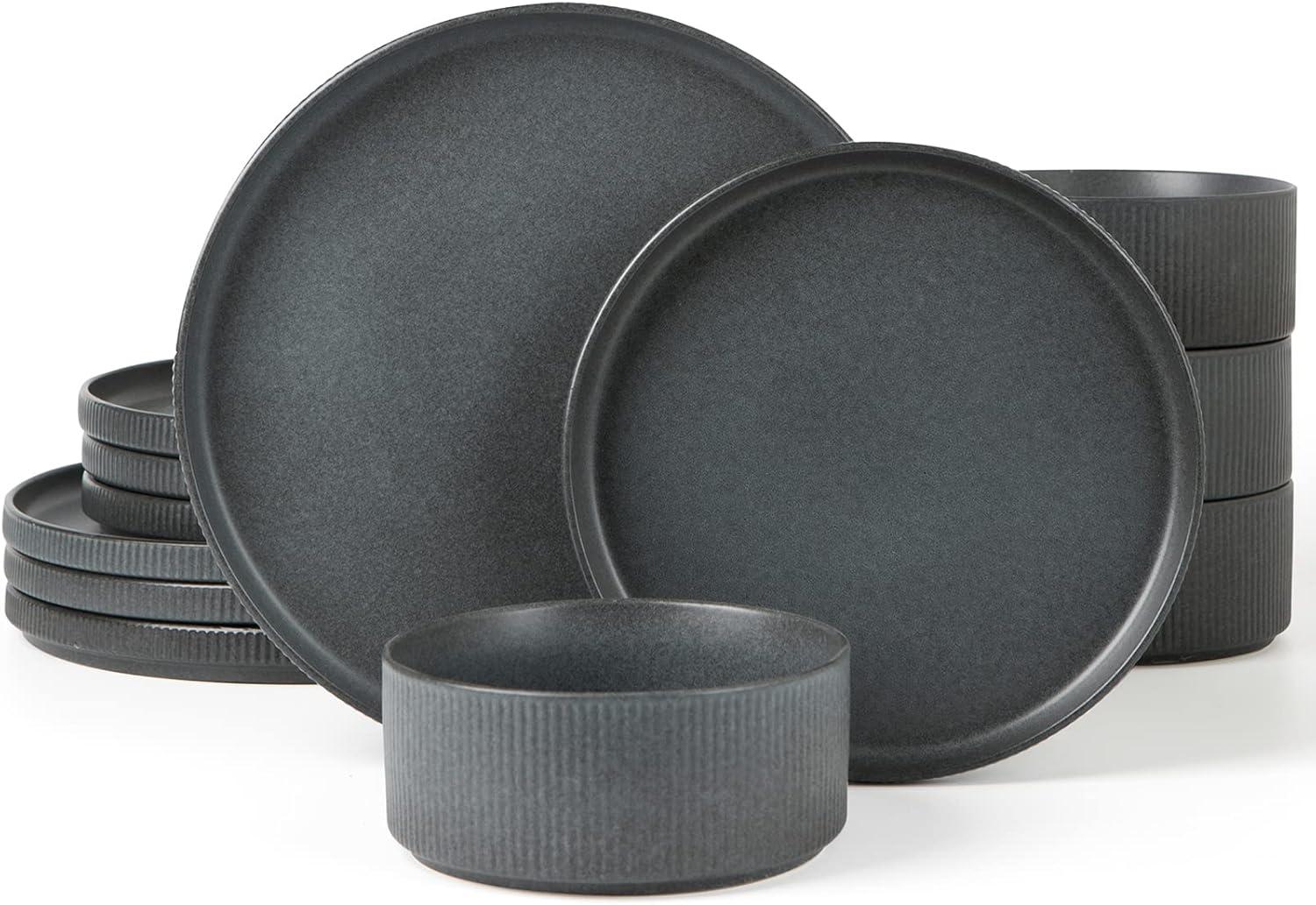 Matte Dark Charcoal Ceramic Dinnerware Set, Service for 4