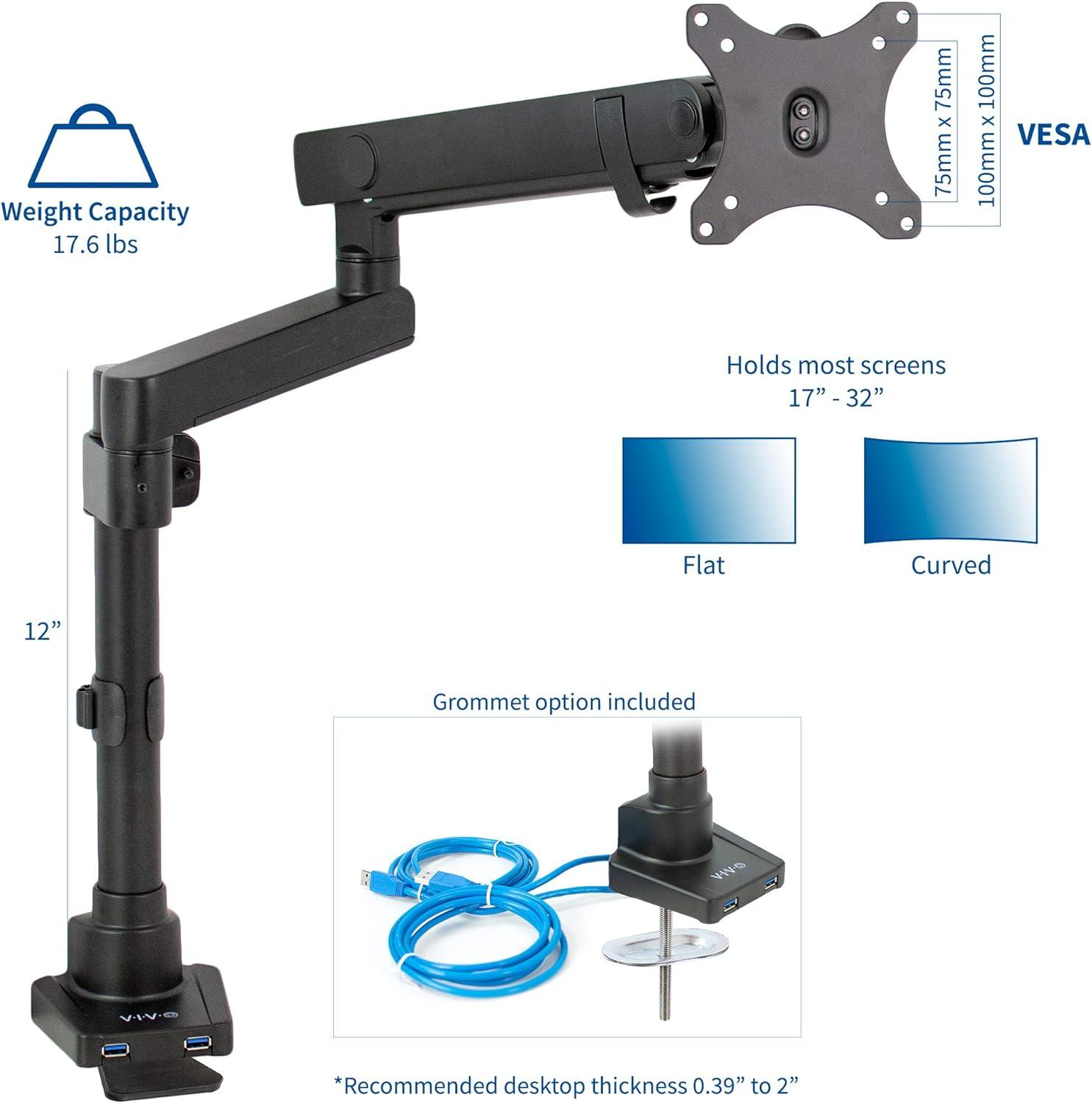 Premium Black Aluminum Full Motion Single Monitor Desk Mount with USB Ports