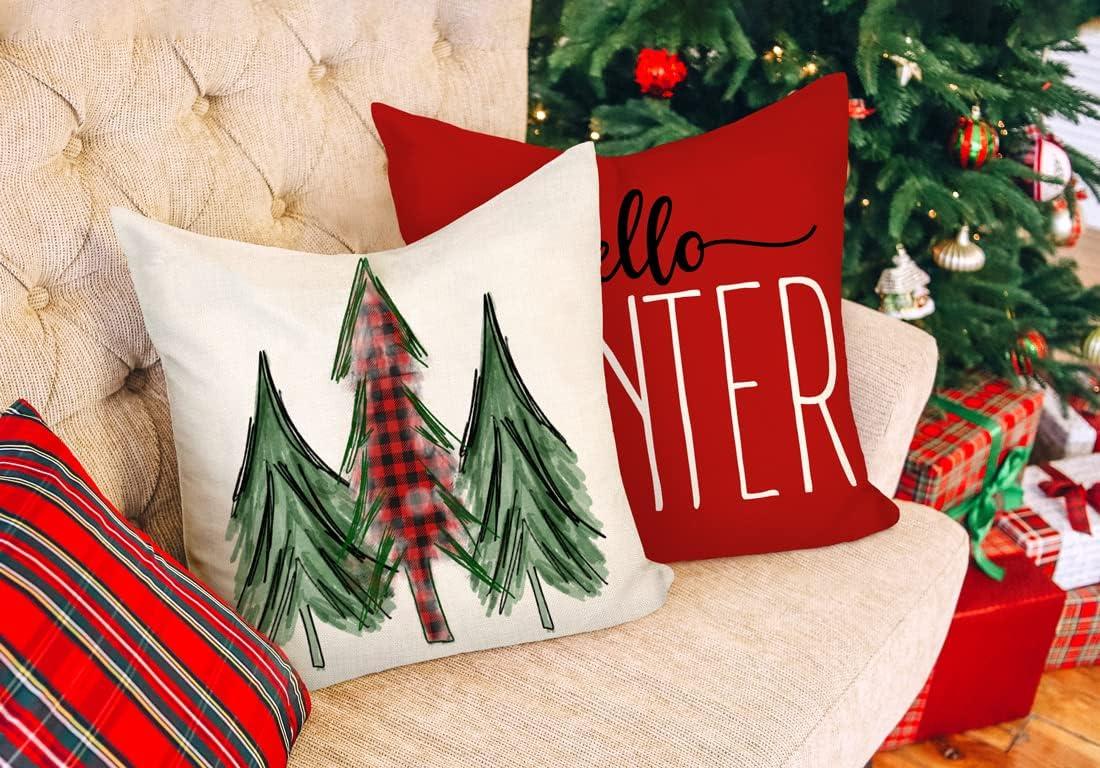 BEAUTY Merry Christmas Throw Pillow Covers 18 x 18 Inch Set of 4  Red Barn Merry & Bright Xmas Farmhouse Holiday Pillowcases for Home Outdoor Decoration CP053-18