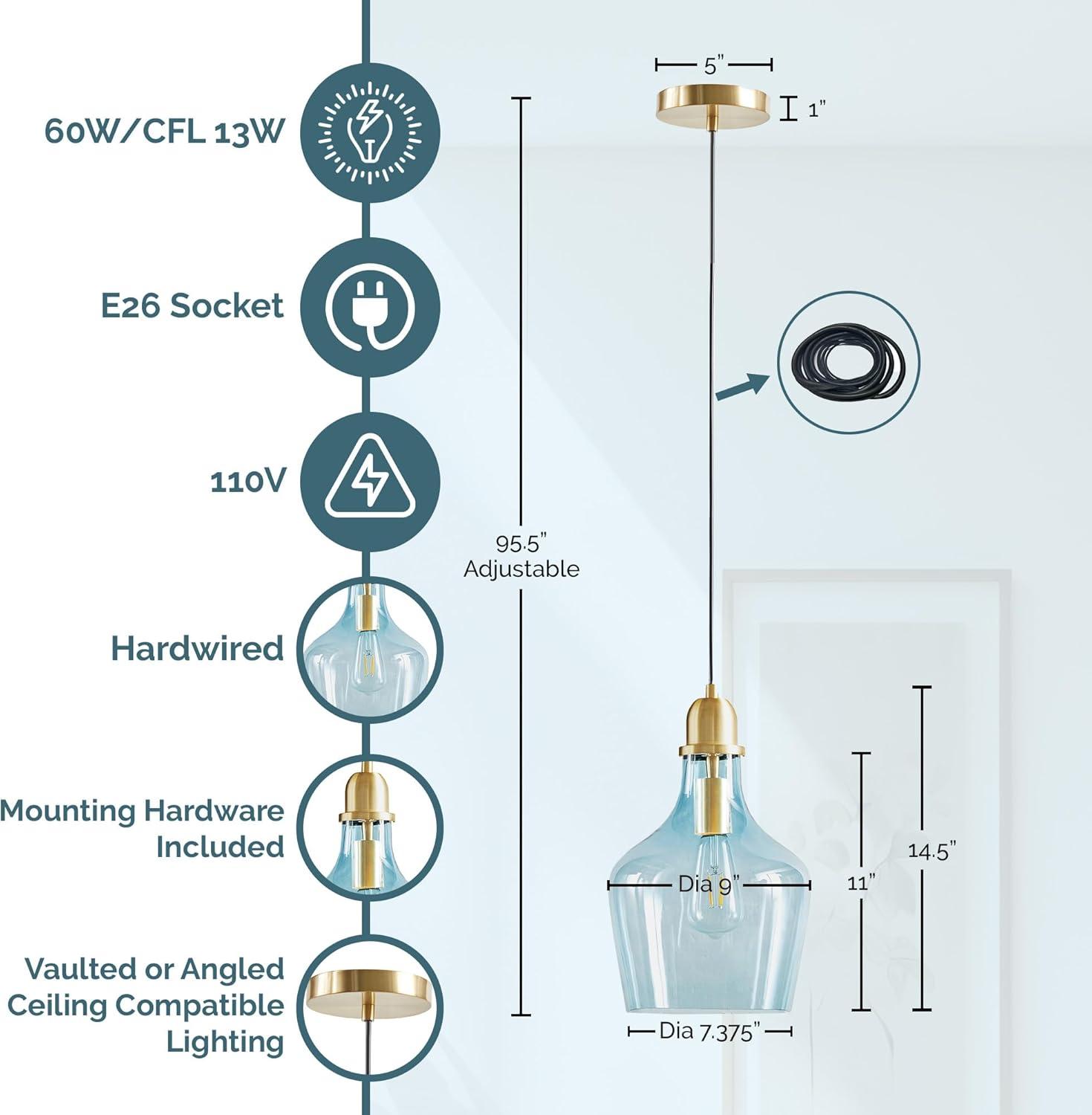 Ink+Ivy 9"x95.5" Auburn Bell Shaped Hanging Glass Simple Industrial Pendant Light Blue