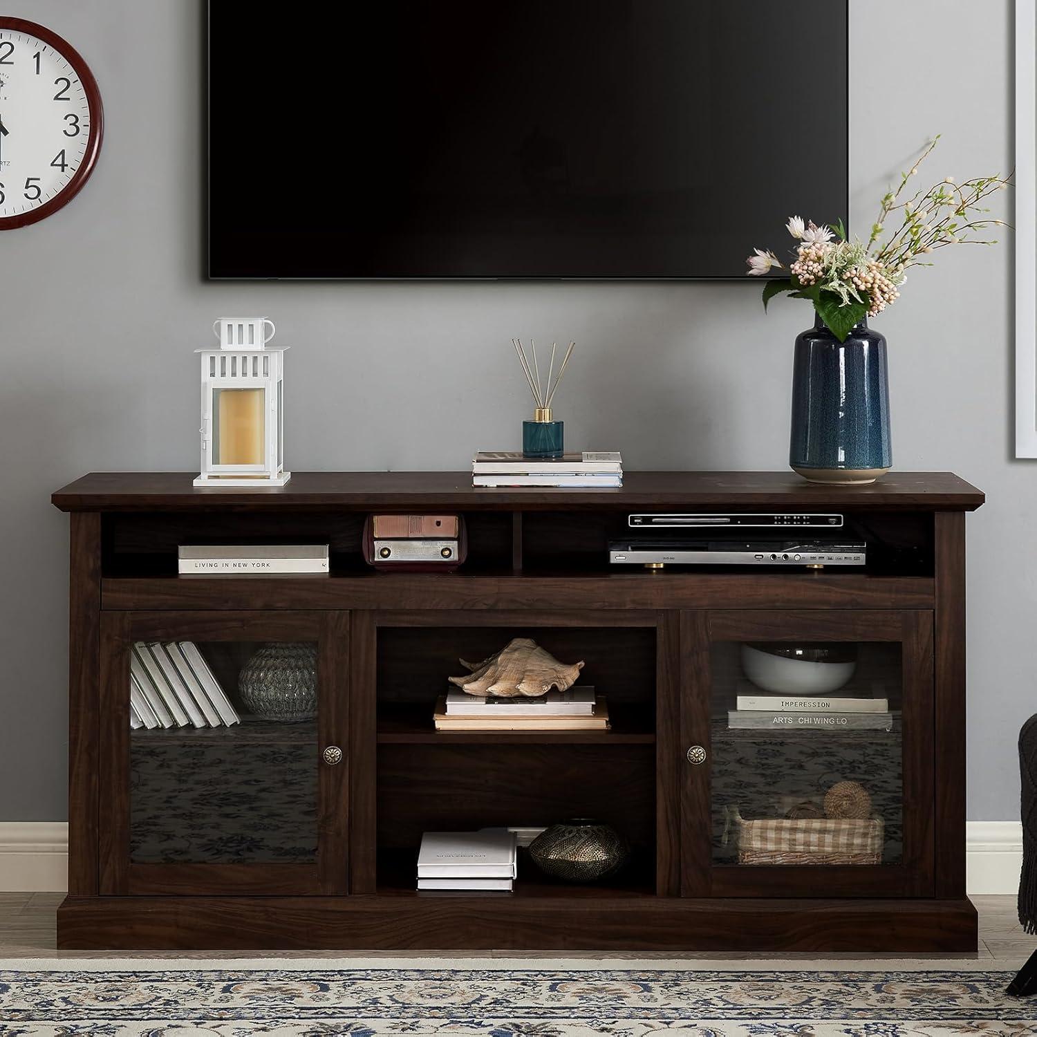 LETESA Traditional Classic Media TV Stand for TV up to 65”, Retro Wooden TV Console with Open and Closed Storage Cabinets for Bedroom, Living Room, Corridor (Brown)