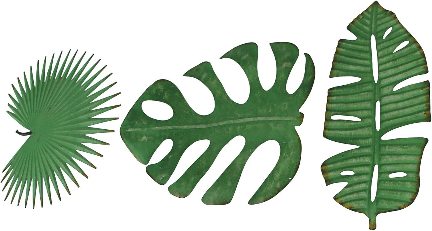 Zeckos Green Metal Tropical Leaf Sculpture Hanging Wall Décor Set of 3