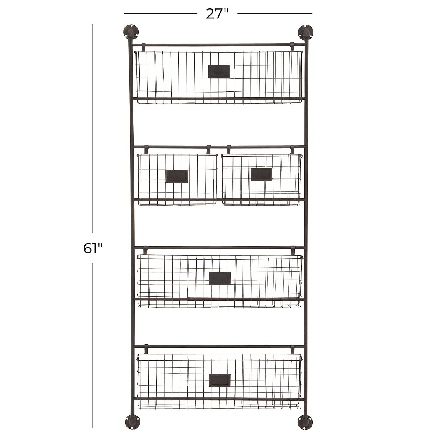 DecMode 4-Tier Industrial Wall Organizer Basket and Magazine Rack Holder, 27"W x 5"L x 61"H, Black Metal with Rustic Distressed Finish