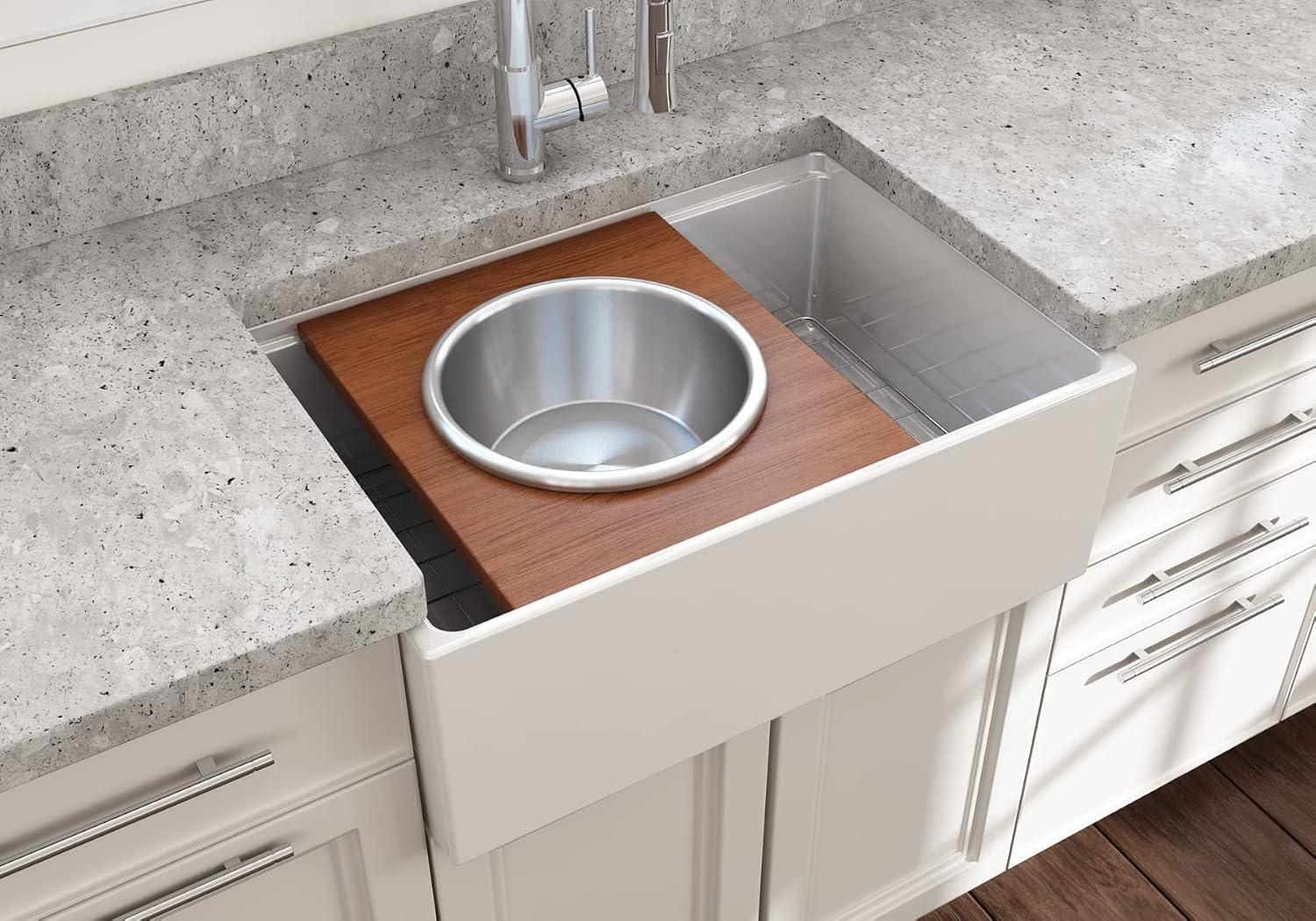 BOCCHI Wood Board With Large Round Stainless Steel Mixing Bowl And Colander F/1344, 1348, 1360, 1362, 1504, 1505, 1506 (Short Side Only), 1627, 1628