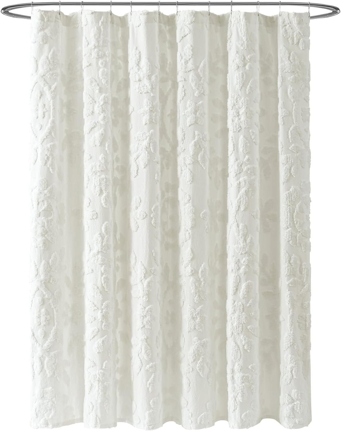 White Cotton Medallion Pattern Shower Curtain 72 x 72 inches