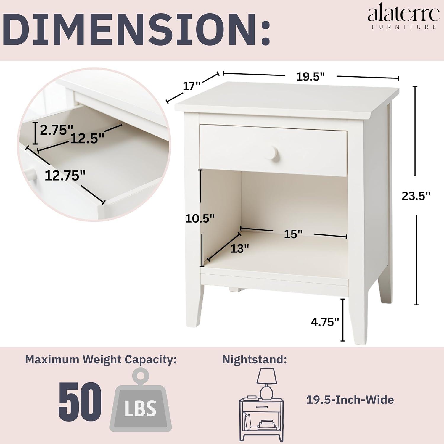 Alaterre Furniture Simplicity Nightstand, Bedside Table with Drawer, Perfect for Kids Bedroom, White