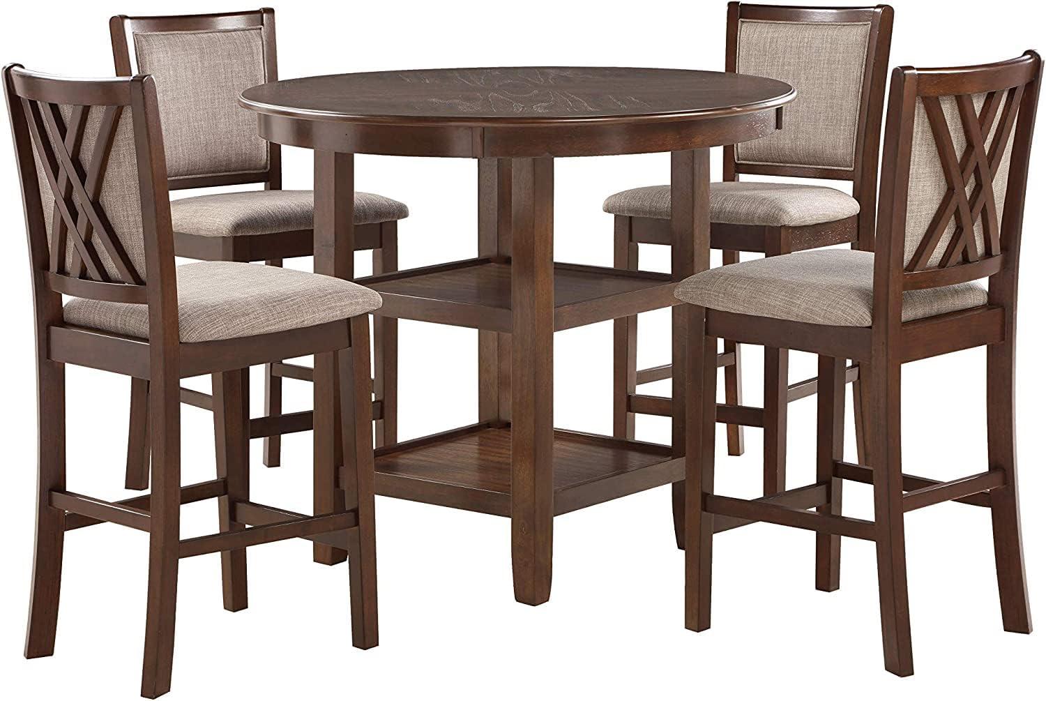 Transitional Cherry Brown 5-Piece Round Bistro Dining Set with Fabric Chairs