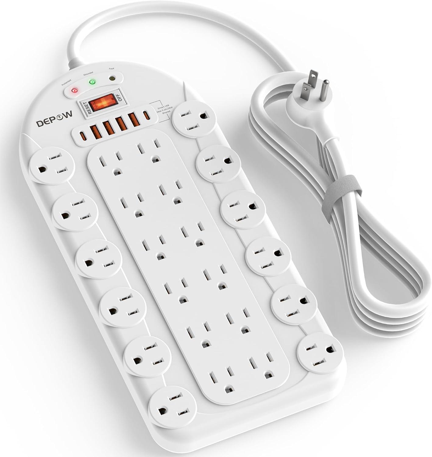 DEPOW White 24-Outlet Surge Protector Power Strip with USB Ports