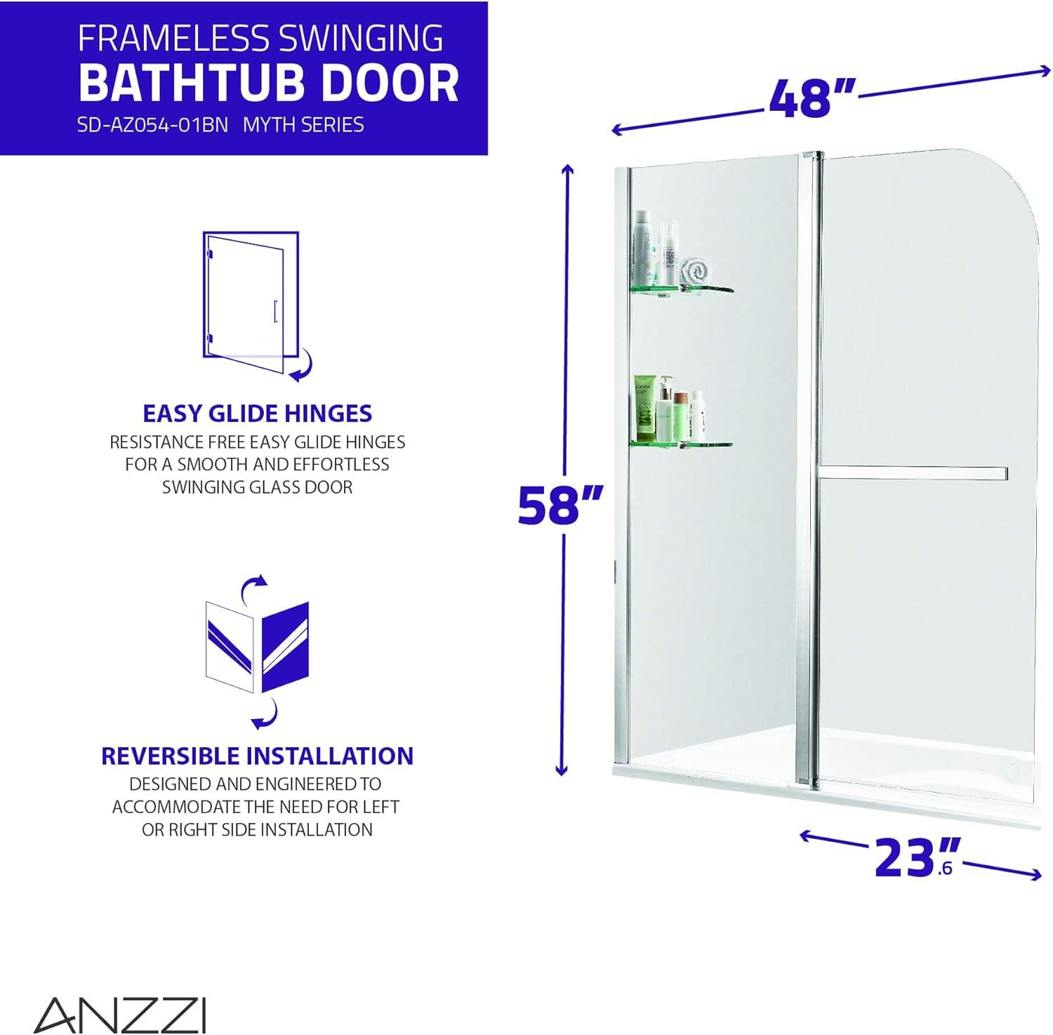 Galleon 58" H Hinged Frameless Tub Door with Tsunami Guard Technology