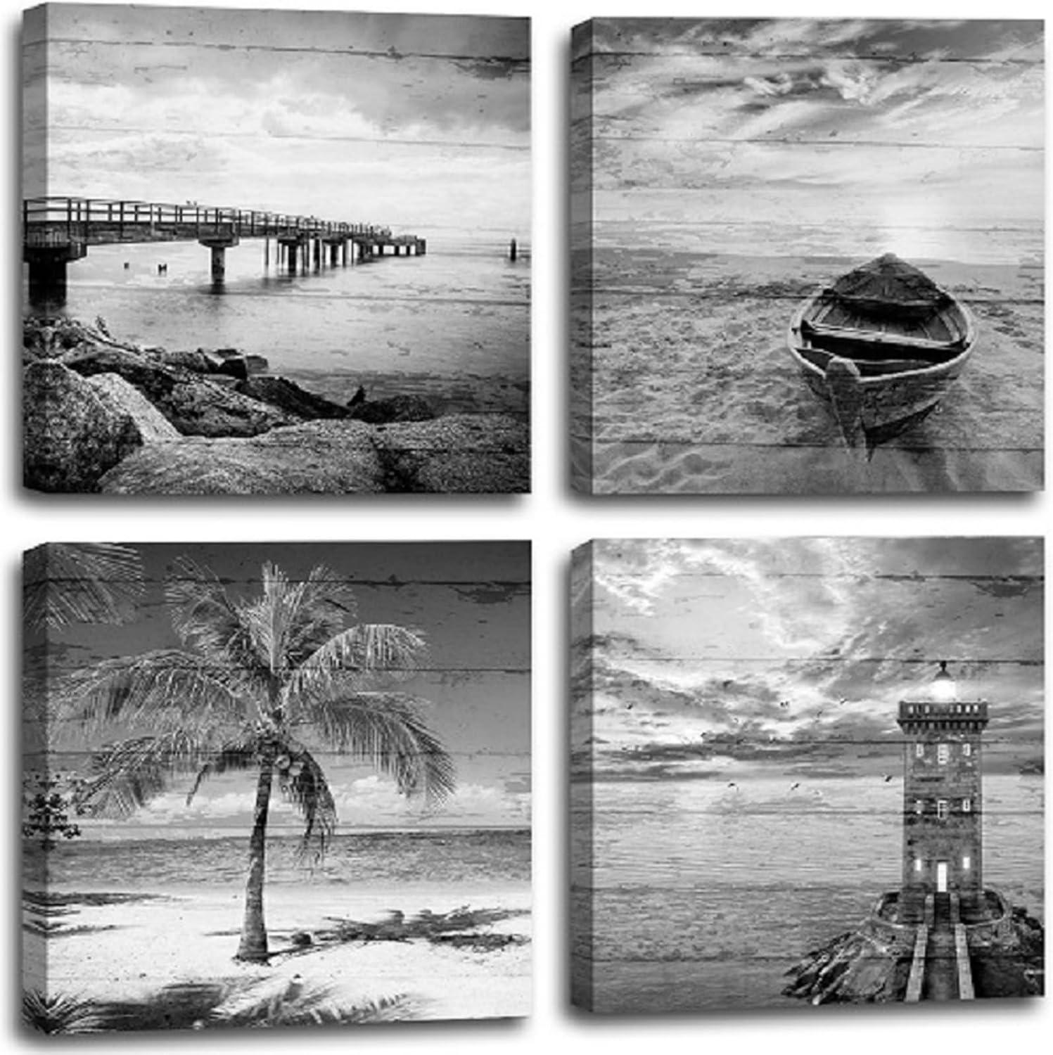 Black and White Seascape Framed Canvas Wall Art Set