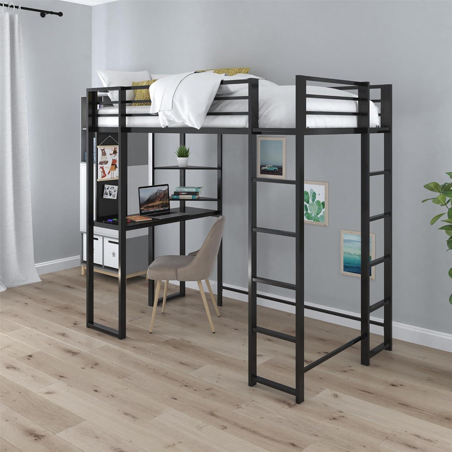 Twin Black Metal Loft Bed with Lighted Headboard and Desk