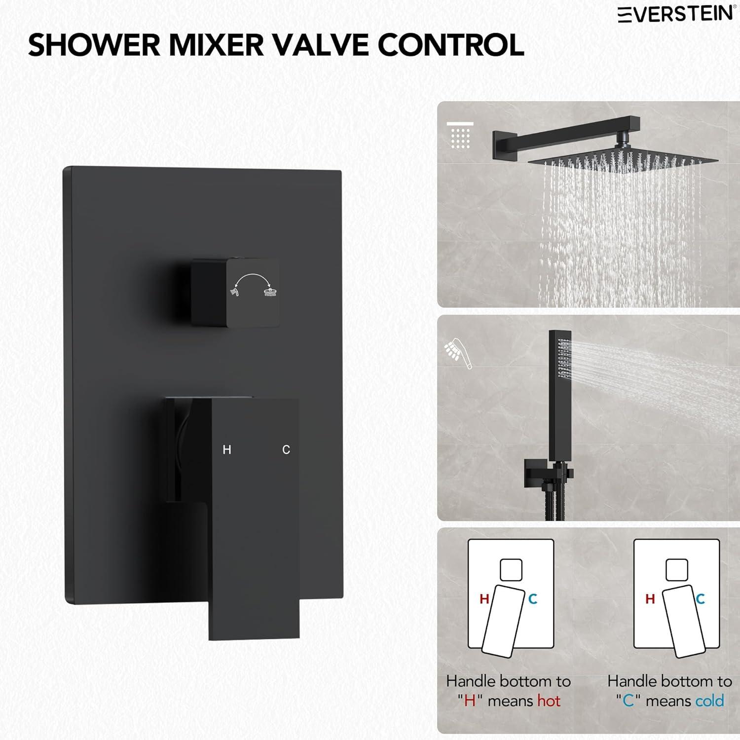 EVERSTEIN Shower Faucet Set 10 inch CUPC Shower System with Handheld Spray Wall Mounted Rain Shower Head Trim Kit with Upgraded Valve, Matte Black