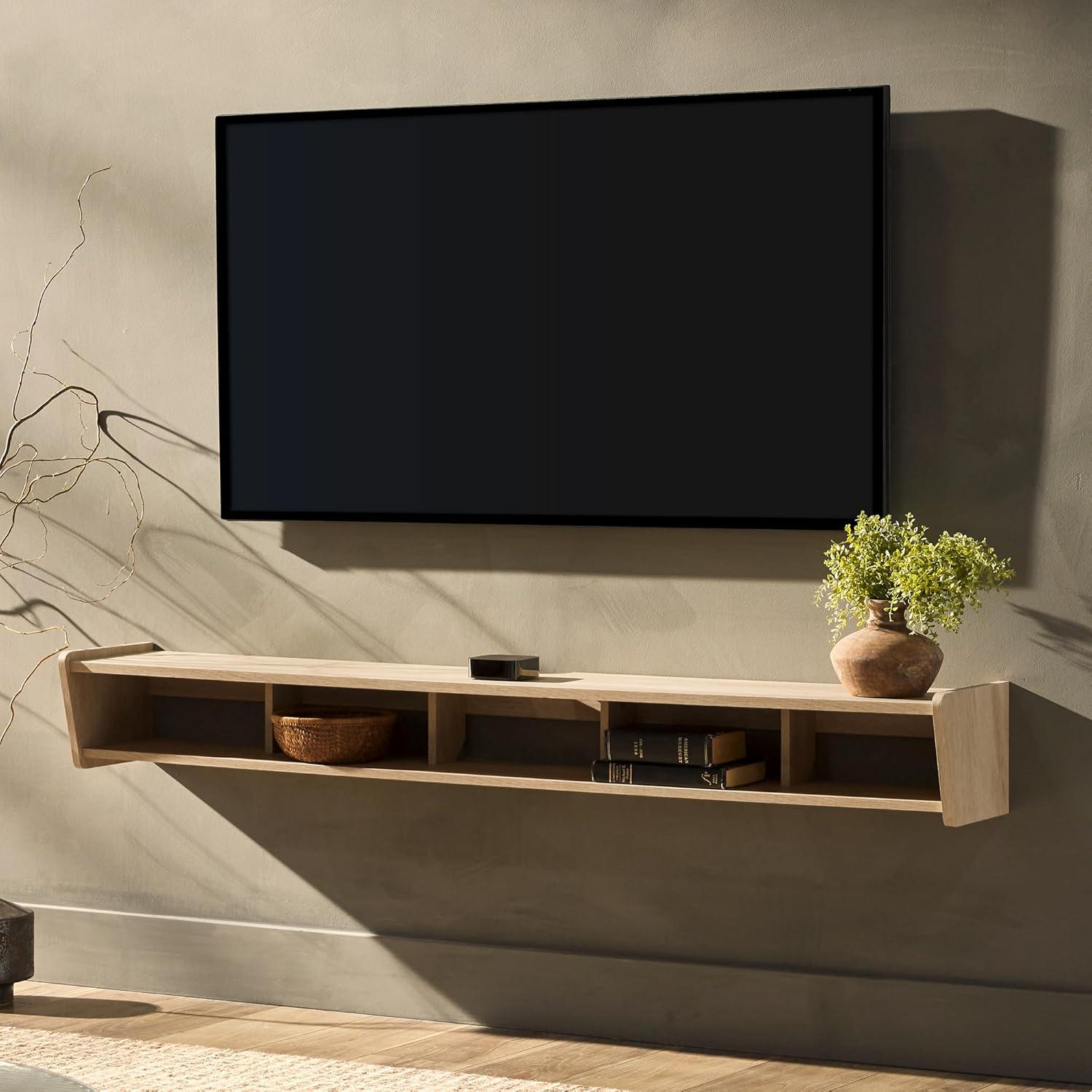 Walker Edison Minimalist Floating TV Stand for TVs up to 70”, Coastal Oak