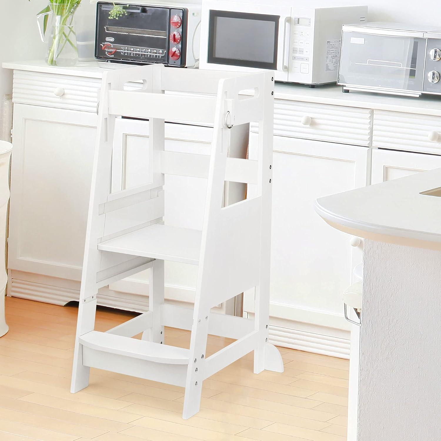 White Bamboo Adjustable 2-Step Toddler Kitchen Stool