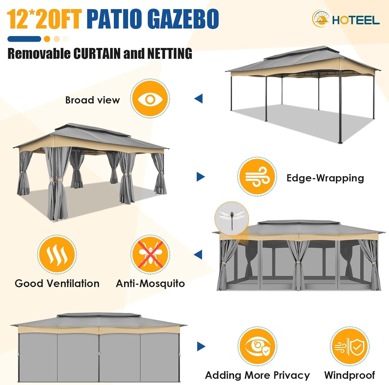 COBIZI 12X20 Heavy Duty Gazebo Outdoor Gazebo with Mosquito Netting and Curtains, Canopy Tent Deck Gazebo with Double-Arc Roof Ventiation and Metal Steel Frame Suitable for Lawn, Backyard, Patio,Gray