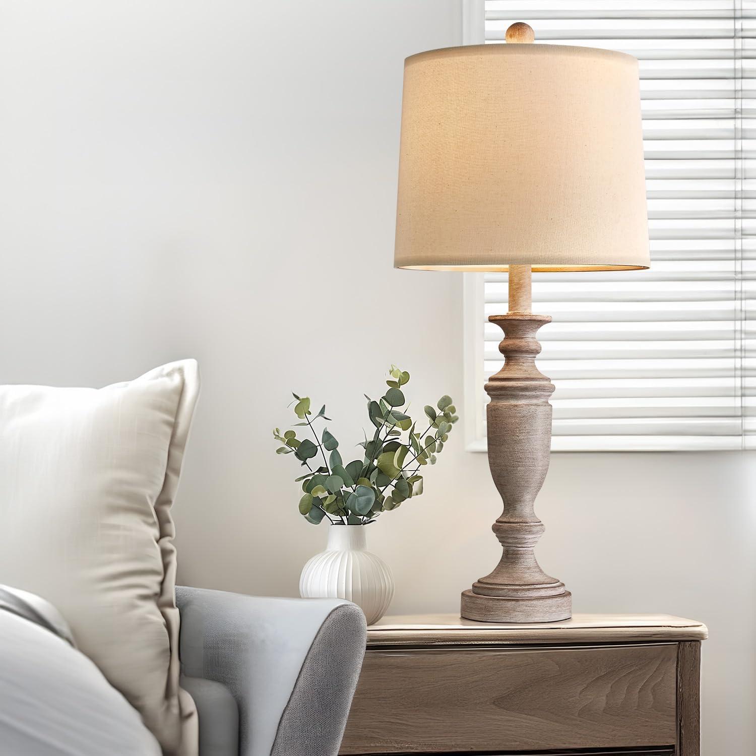 24.5" Beige Linen and Wood Tone Farmhouse Table Lamp Set