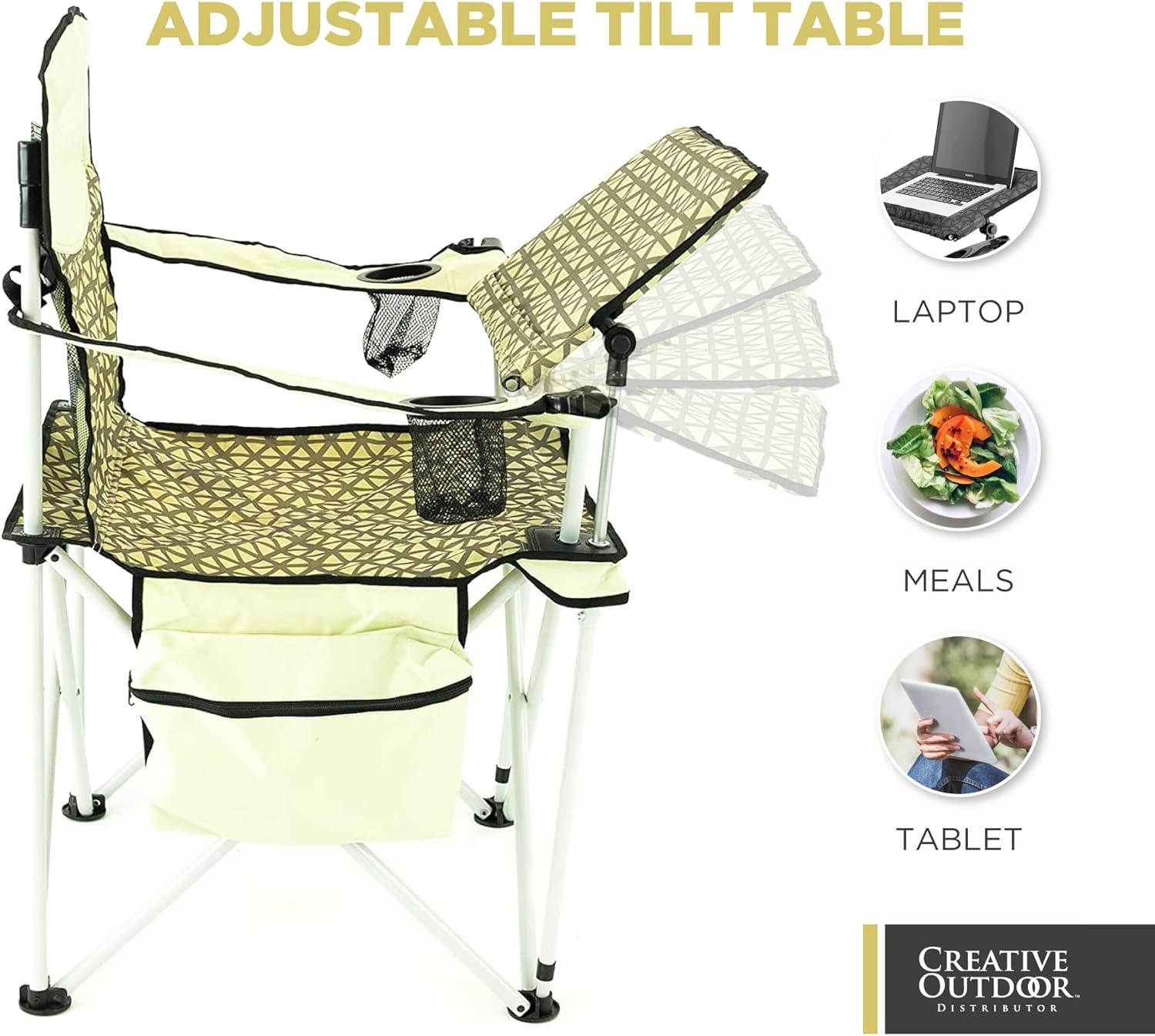 Beige and Brown Folding Camping Chair with Adjustable Table