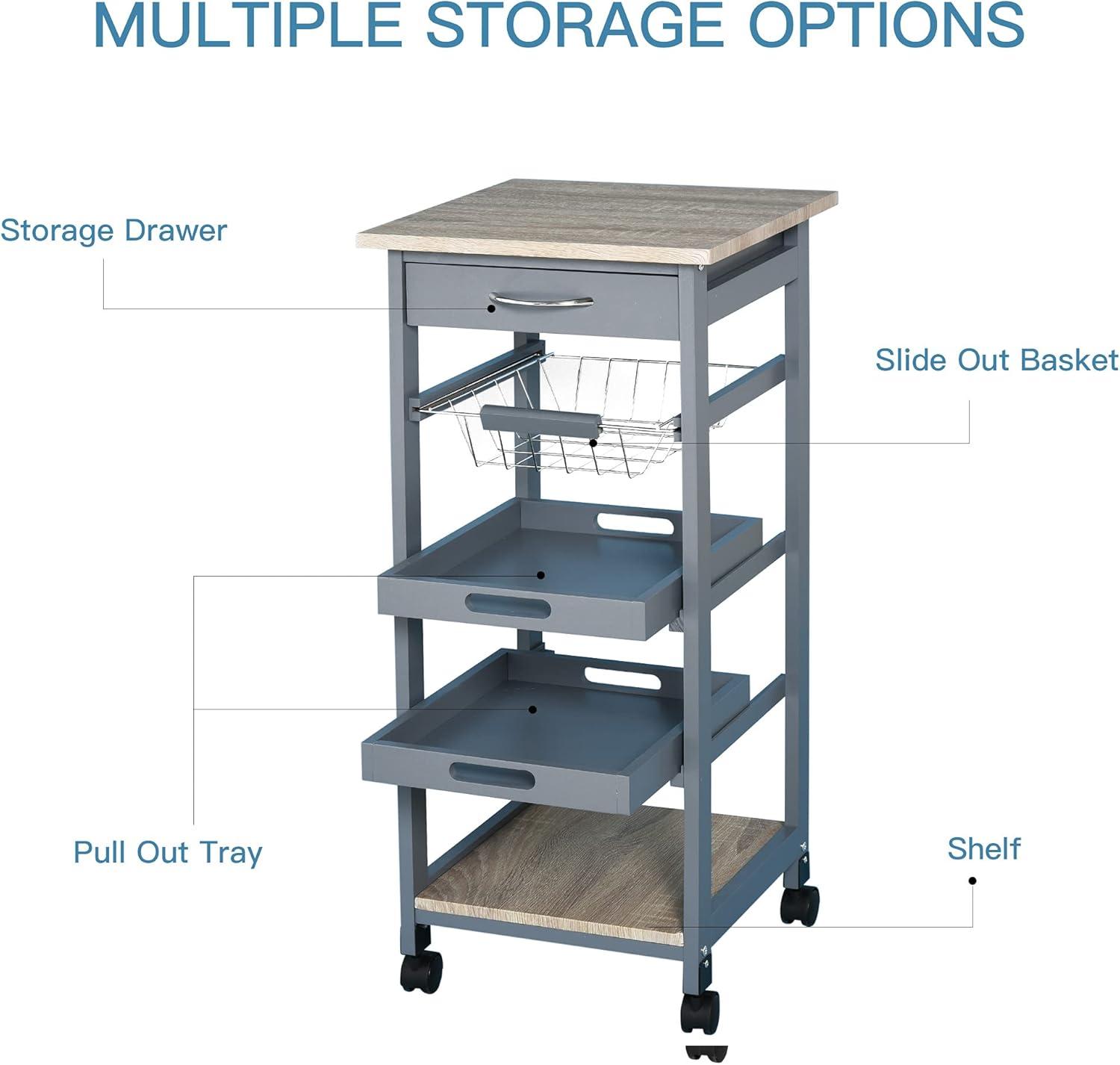 HOMCOM Mobile Rolling Kitchen Island Trolley Serving Cart with Underneath Drawer & Slide-Out Wire Storage Basket, Grey