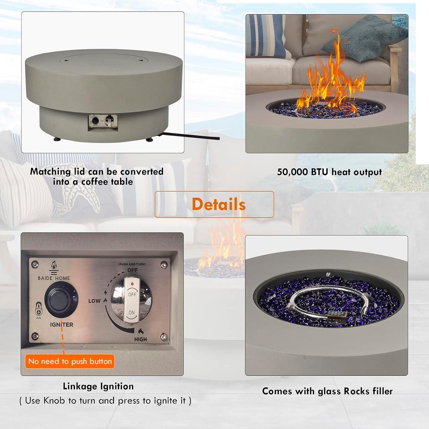 BAIDE HOME 32.5" Round Steel Low Profile Propane Fire Pit Table, 50,000 BTU Outdoor Gas Fire Pit with Lid, Glass Rocks, Cover, Pre-attached 10ft Propane Hose