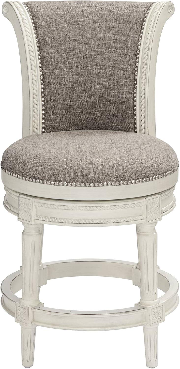 55 Downing Street Oliver Wood Swivel Bar Stool White 24 1/2" High Traditional Scroll Pewter Round Cushion with Backrest Footrest for Kitchen Counter