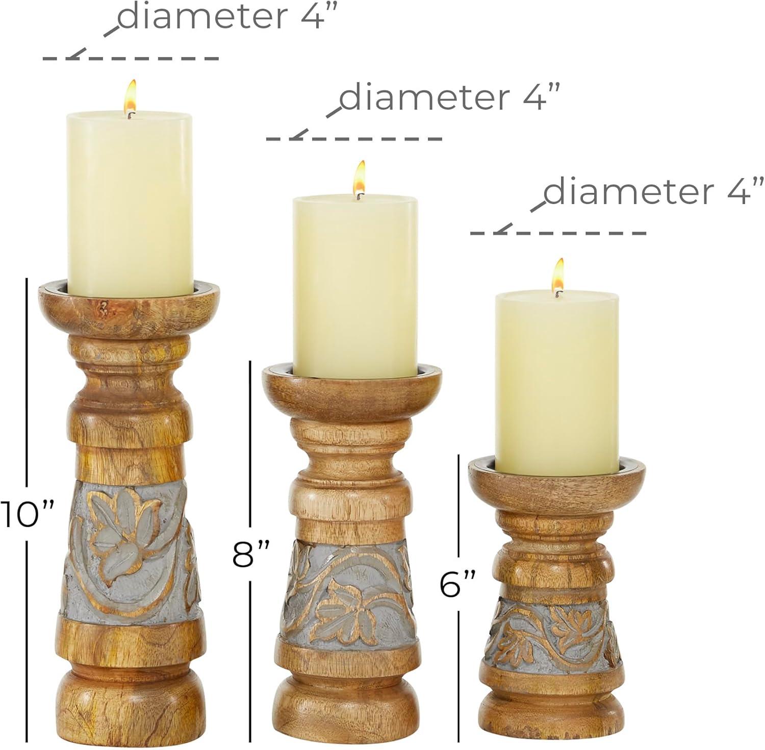 Elegant Bronze & Wood Pillar Candle Holder Trio, 3.9" x 9.95"