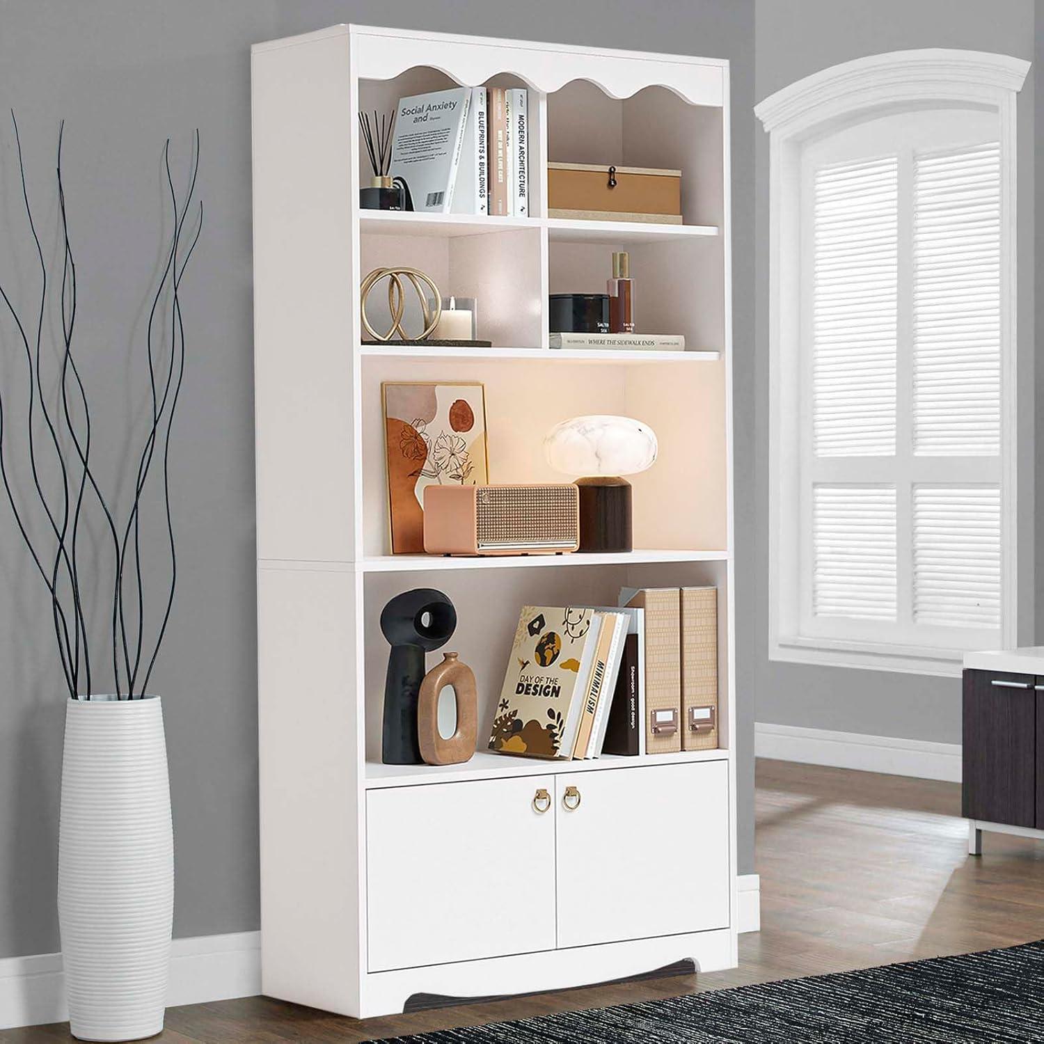 5-Tier White Bookcase, 63 Inch Tall Bookshelf with Open Storage Shelves & Doors, Modern Wooden Floor Standing Display Storage Shelves