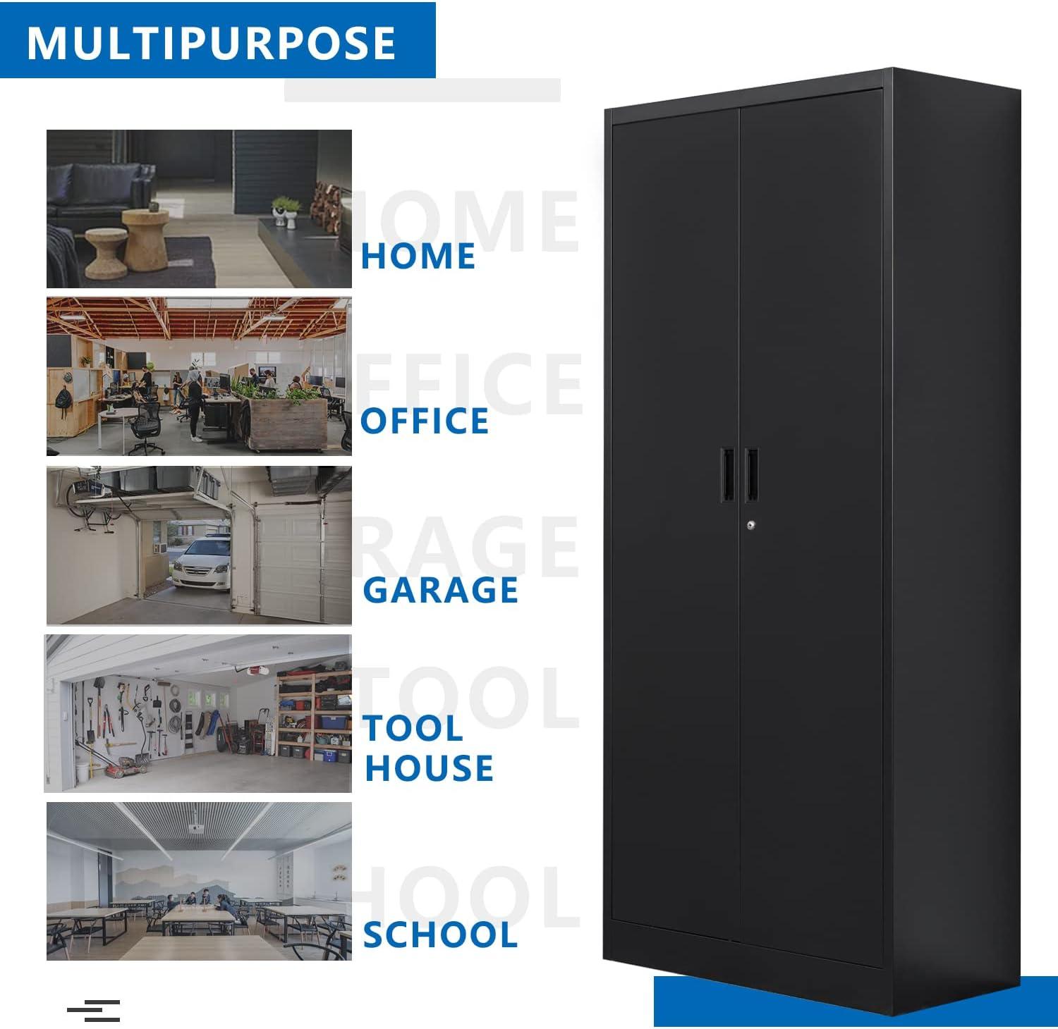 Metal Storage Cabinet, Locking Cabinet with 5 Adjustable Shelves for Garage, Office, Home, Classroom- Black