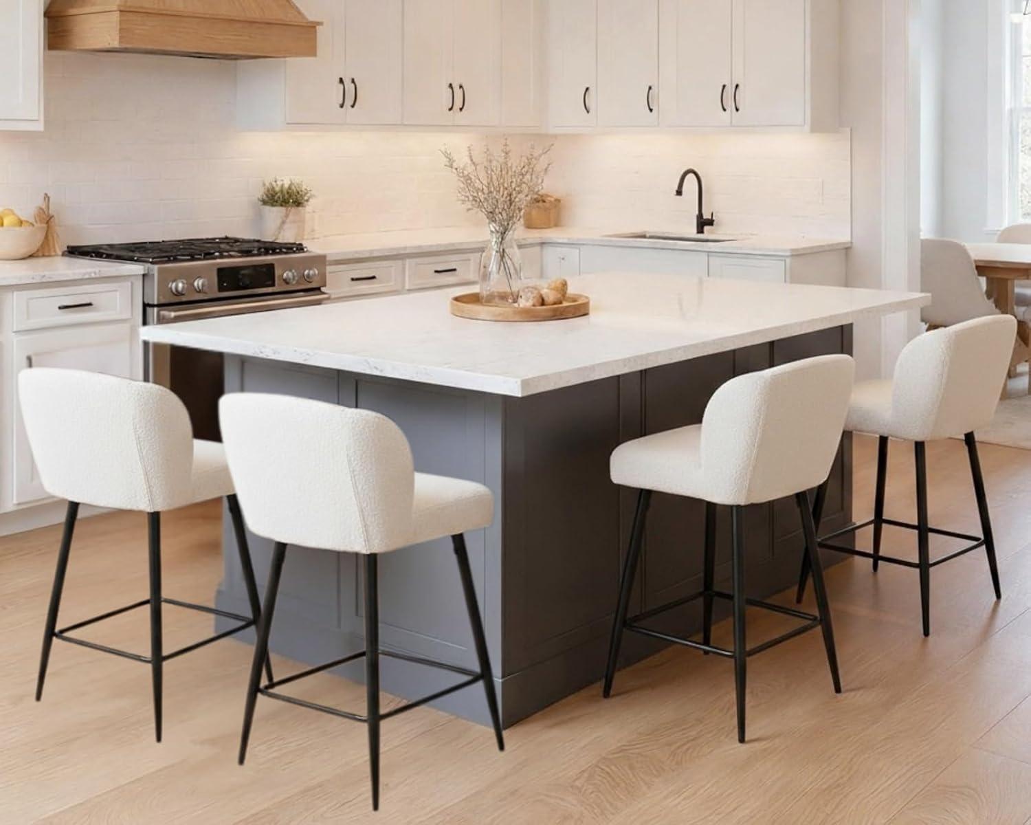 Guyou Sherpa Counter Height Bar Stools Set of 2, Modern Upholstered Boucle Barstools with Curved Open Back and Metal Legs, 26” Kitchen Island Chairs for Restaurant Kitchen Pub Bistro, White