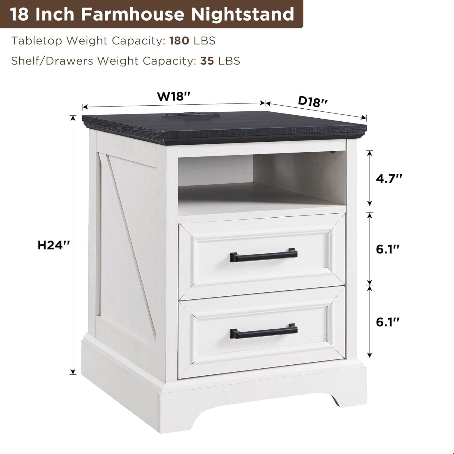 18" Farmhouse Nightstand with Charging Station, End Table with 2 Drawers Storage for Bedroom, Living Room, White