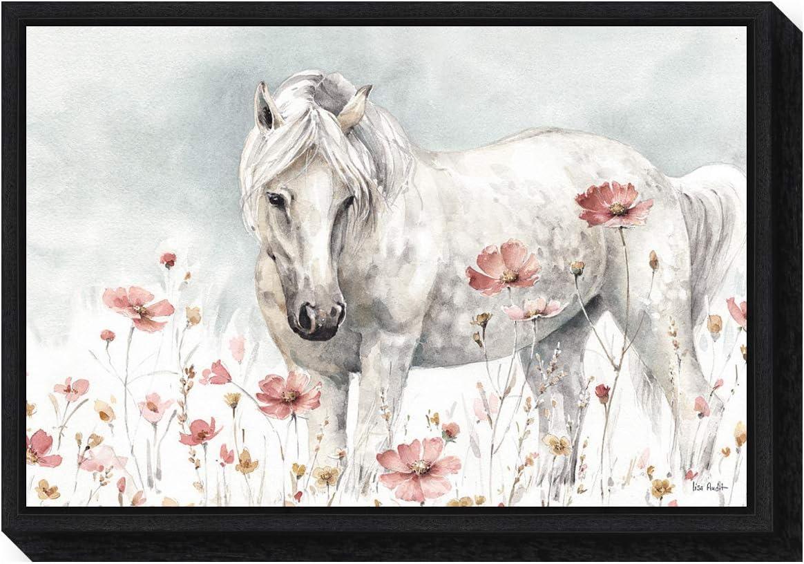 White Horse and Pink Flowers Canvas Wall Art