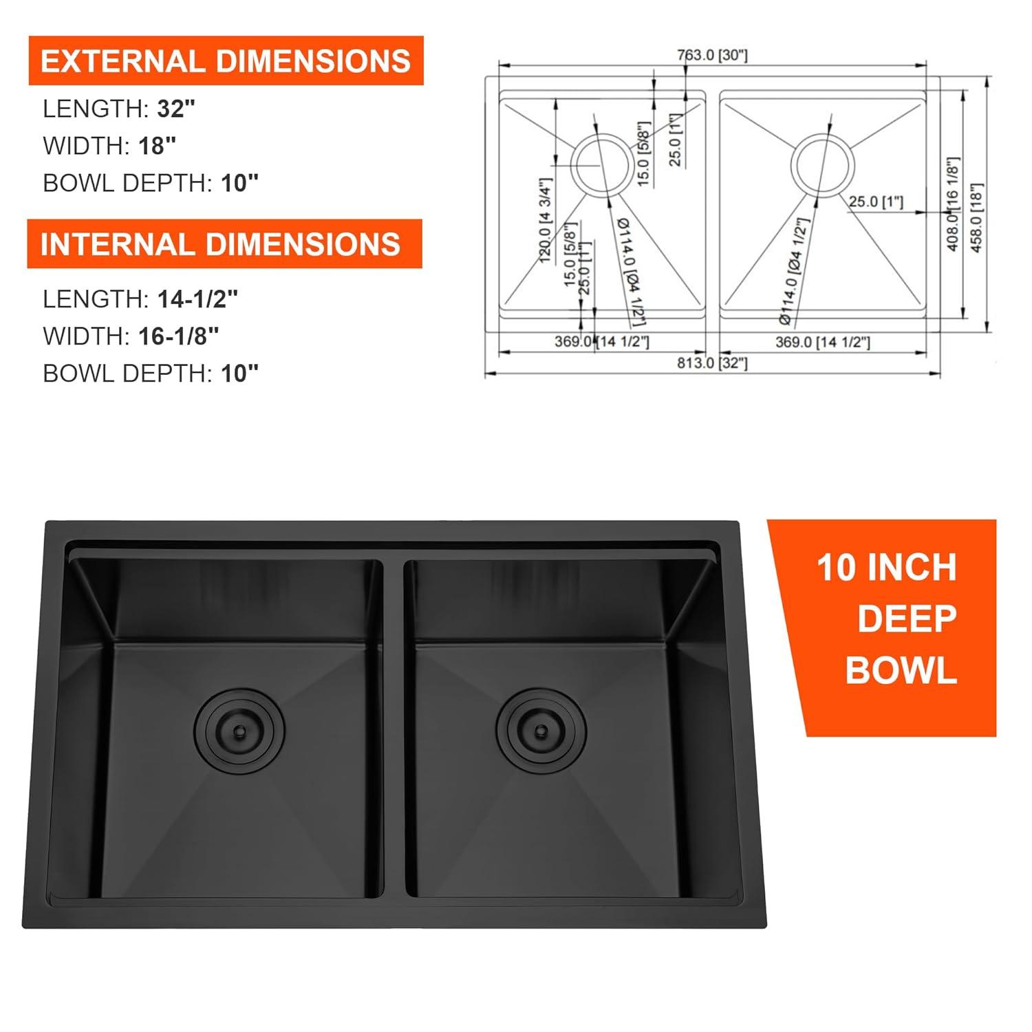Blenzia 32 Inch Gold Double Bowl Kitchen Sink Undermount 50/50 Stainless Steel 16 Gauge Sinks 32" X 18" X 10"