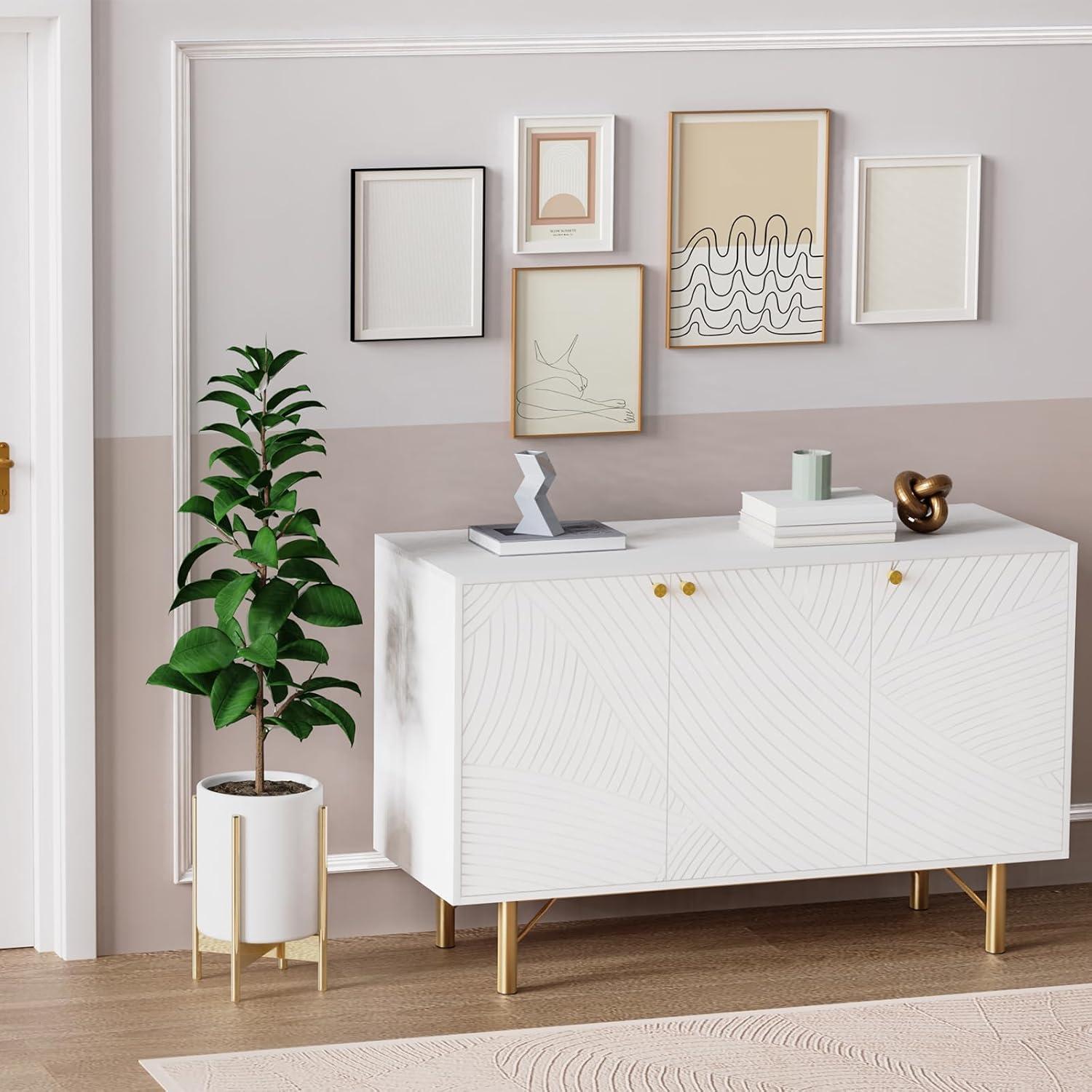 White and Gold 3-Door MDF Sideboard Buffet Cabinet