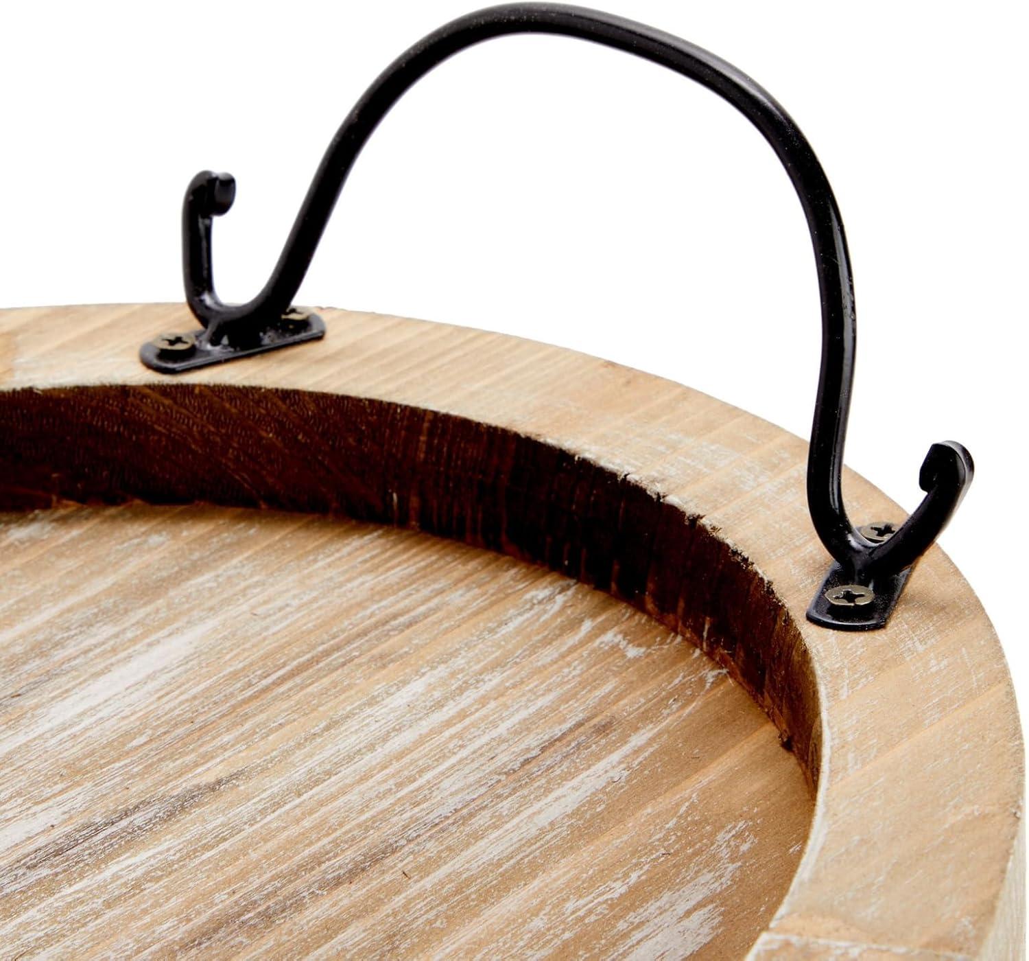 Rustic Oval Wooden Serving Tray with Black Handles