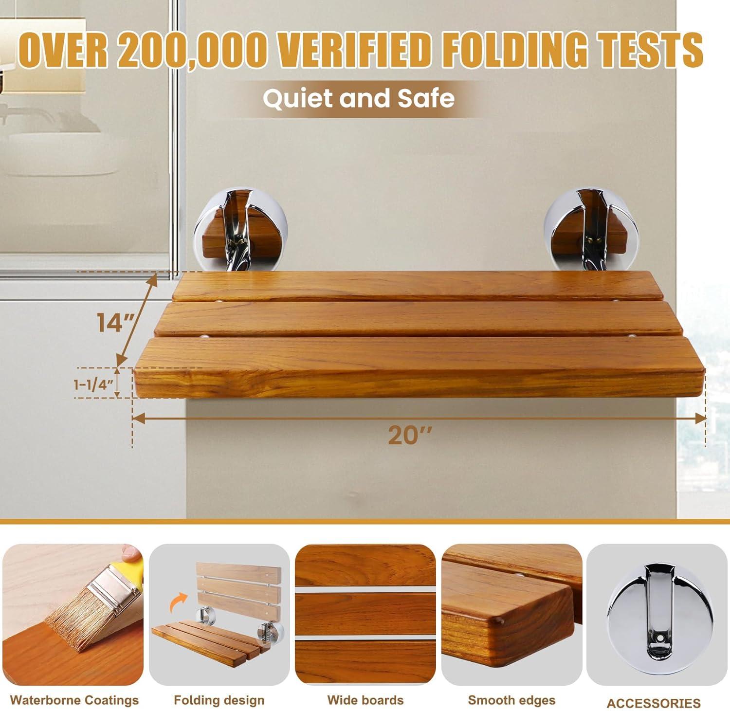 20 inchs Teak Folding Shower Seat Wall Mounted,Fold Down Shower Bench for Shower Space, Home Care Teak Wood Stool for Inside Shower,Pregnants-Maximum Load 440lb (Glossy & Yellow)