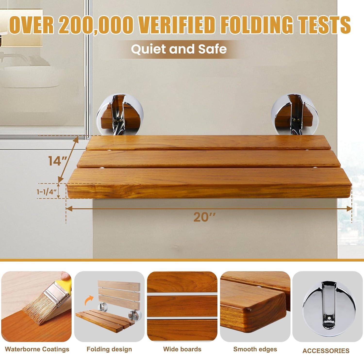 20 inchs Teak Folding Shower Seat Wall Mounted,Fold Down Shower Bench for Shower Space, Home Care Teak Wood Stool for Inside Shower,Pregnants-Maximum Load 440lb (Glossy & Yellow)