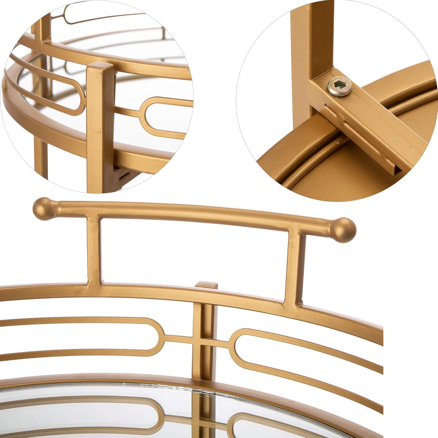 Glitzhome 29.5" H Round Gold Bar Cart with 4 Wheels 2-Tier Deluxe Tray Metal Mirrored Glass Top Rolling Serving Cart for Kitchen Living Room Hotel Wine/Tea Serving Cart