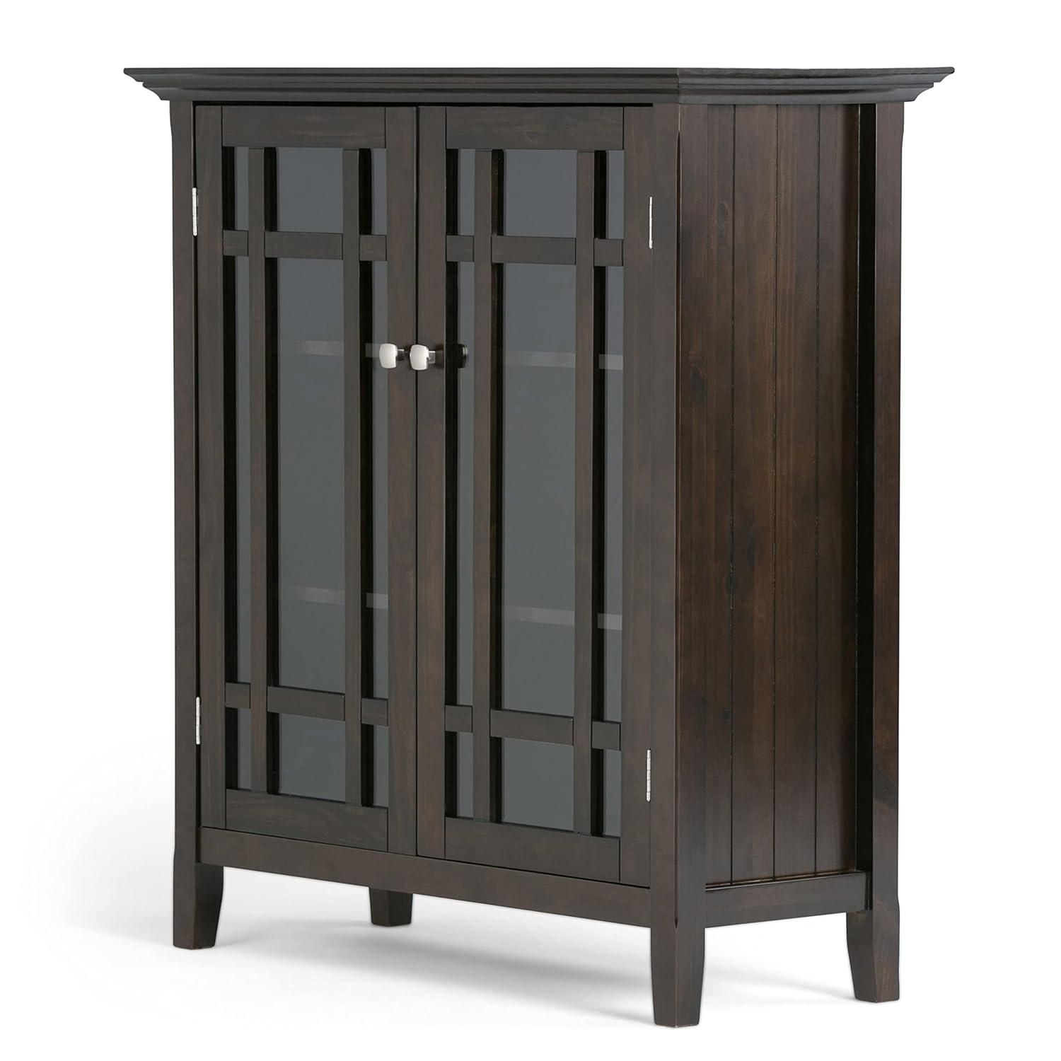 Simpli Home Bedford 39"W Solid Wood 4-Shelf Medium Storage Cabinet with Glass Doors and Adjustable Shelves