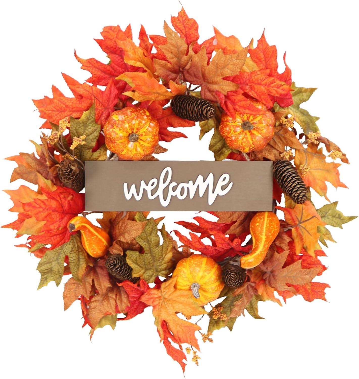 Fall Wreath 20’’ Autumn Front Door Wreath Harvest Wreath with Sunflower Pumpkins Berries Maple Leaves Daisies for Outside Indoor Home Wall Festival Thanksgiving Autumn Farmhouse Decor