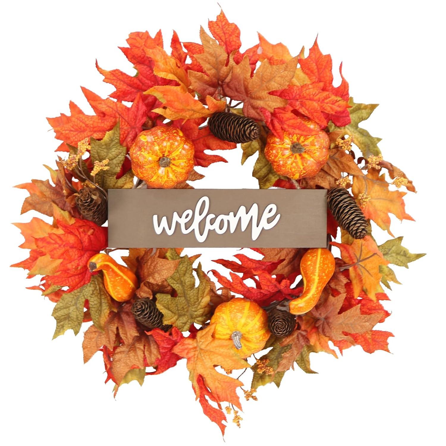 Fall Wreath 20’’ Autumn Front Door Wreath Harvest Wreath with Sunflower Pumpkins Berries Maple Leaves Daisies for Outside Indoor Home Wall Festival Thanksgiving Autumn Farmhouse Decor