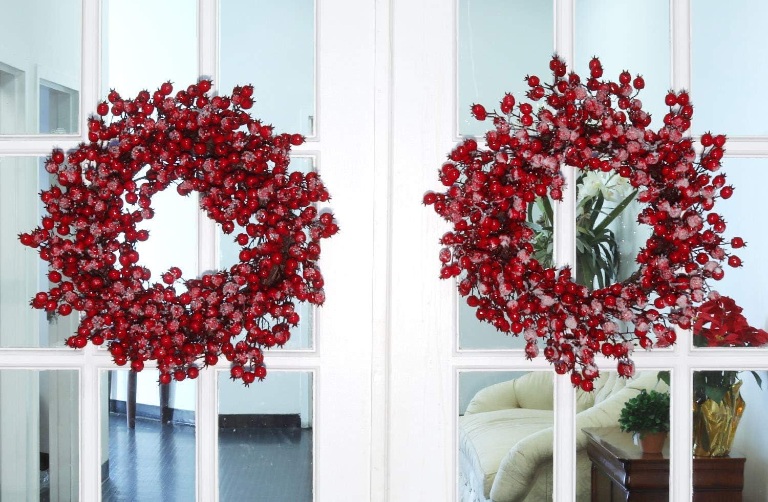 19" Red Frosted Berry Christmas Wreath with Hawthorn Branches