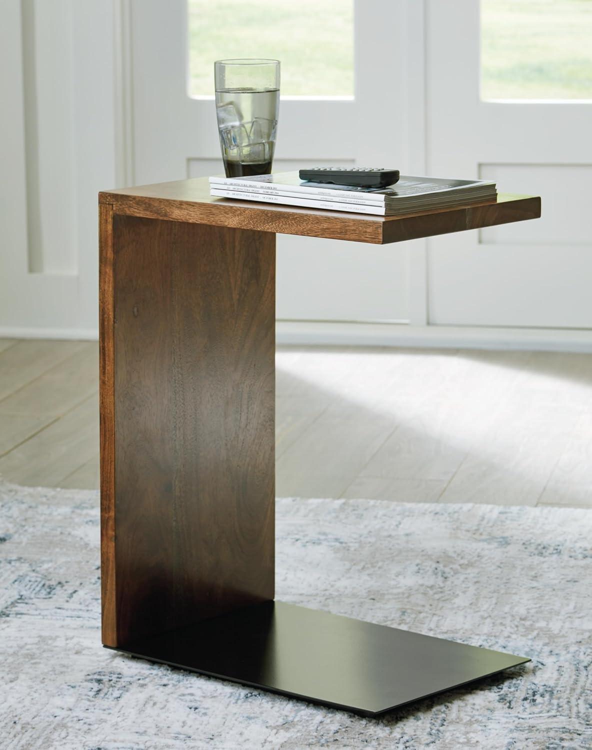 Rectangular Brown Wood and Metal C-Shaped Accent Table