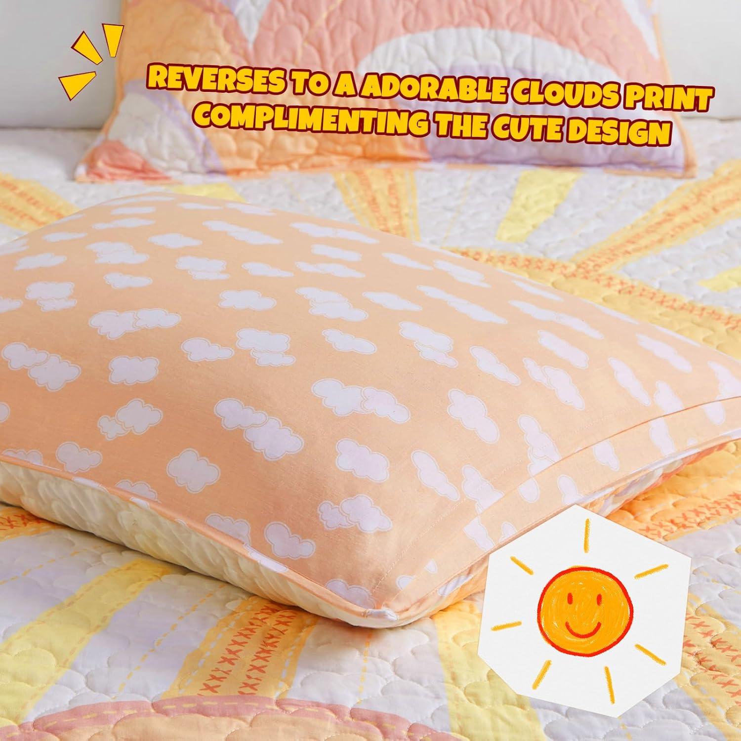 Intelligent Design Kids Dawn Sunshine Clouds Yellow/Coral 100% Cotton Reversible Quilt Set Full/Queen