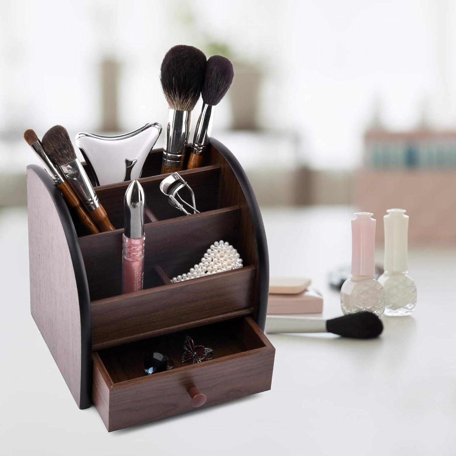 Wooden Desktop Organizer with Drawer, Multifunctional Office Supply Storage - Remote Control Caddy Holder