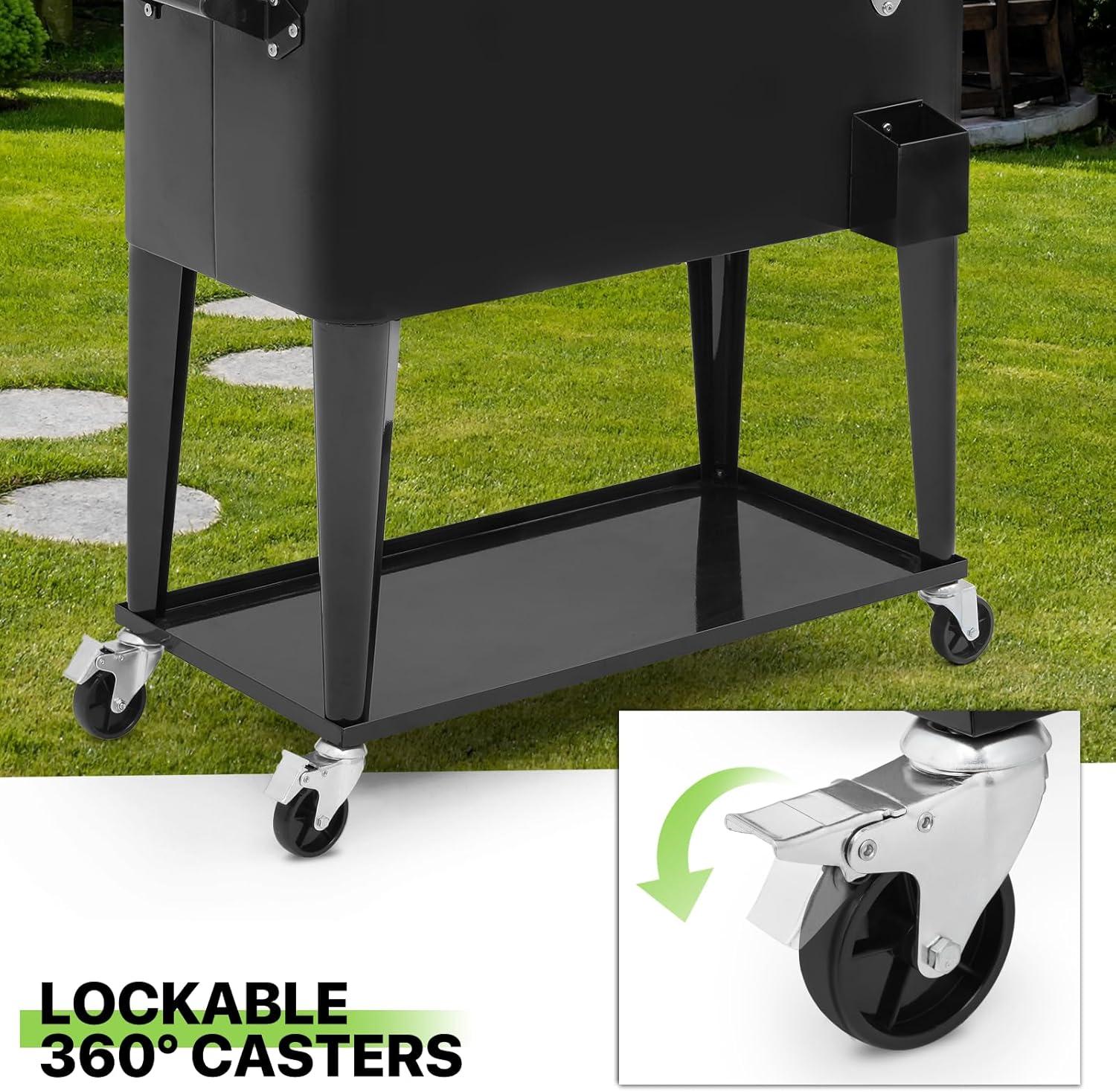 Bring Home Furniture Outdoor 80 Qt Rolling Cooler Cart, with Bottle Opener + Storage Shelf Camping Beverage Ice Chest