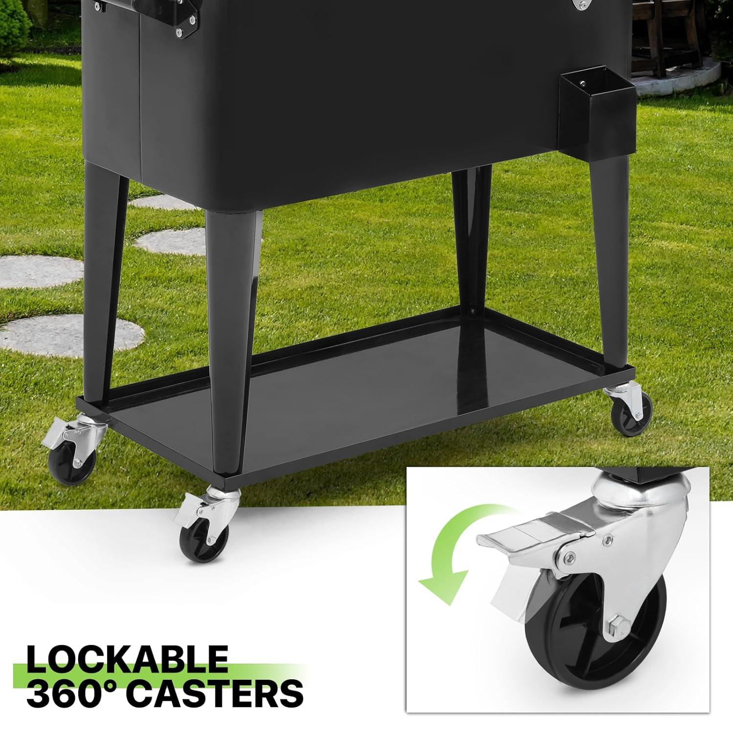 Bring Home Furniture Outdoor 80 Qt Rolling Cooler Cart, with Bottle Opener + Storage Shelf Camping Beverage Ice Chest