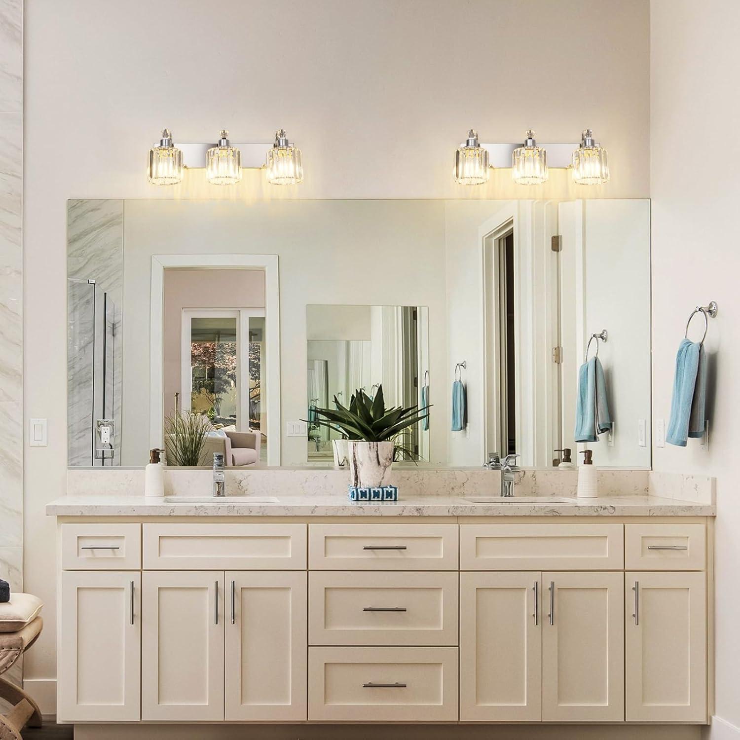 GAOMON LED Modern Crystal Bathroom Vanity Lights Over Mirror, Chrome Bathroom Light Fixtures Wall Light (4-Light)