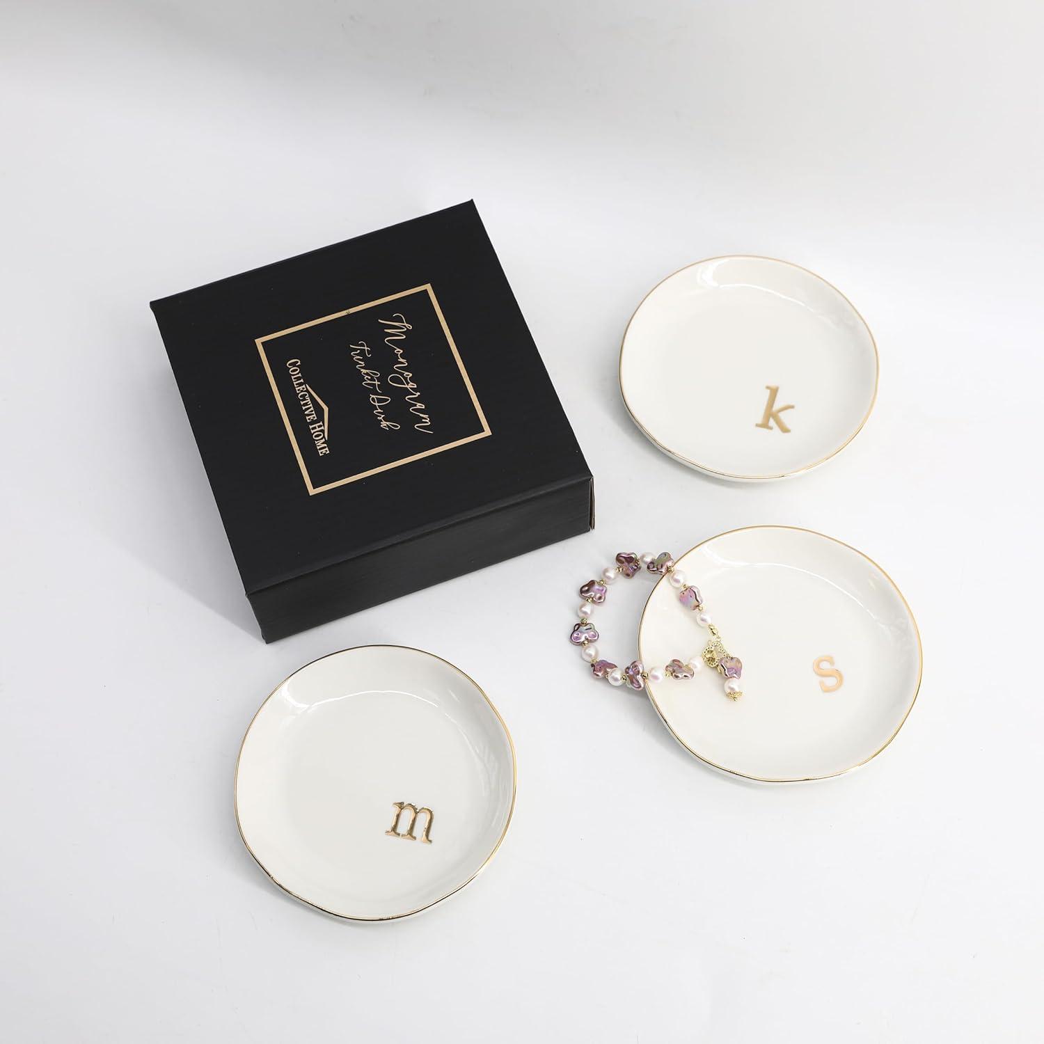 White Ceramic Jewelry Dish with Gold Monogram Accent