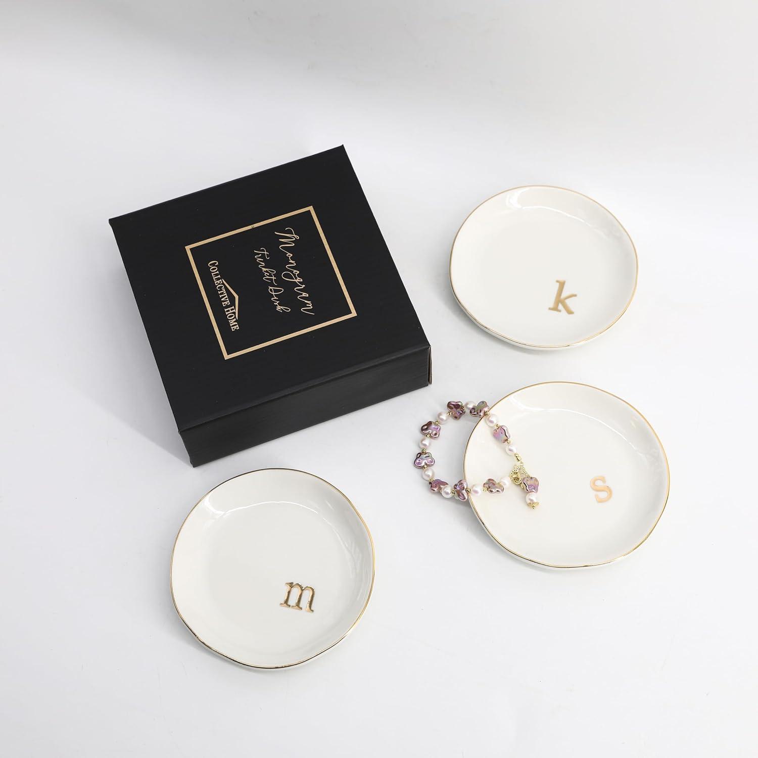 COLLECTIVE HOME - Ceramic Jewelry Tray, Decorative Trinket Dish for Rings Earrings Necklaces Bracelet Watch Keys, Birthday Mother's Day Christmas Gift for Women, 4.75", White Surface (O)