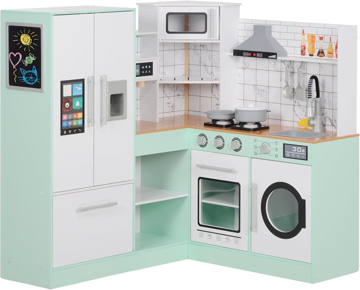 Play Kitchen, Corner Kids Kitchen Playset with Chalkboard, Range Hood, Ice Maker, Stove, Refrigerator Microwave, Realistic Sound & Lights, Pots, Gift for Toddlers Ages 3+ Years Old